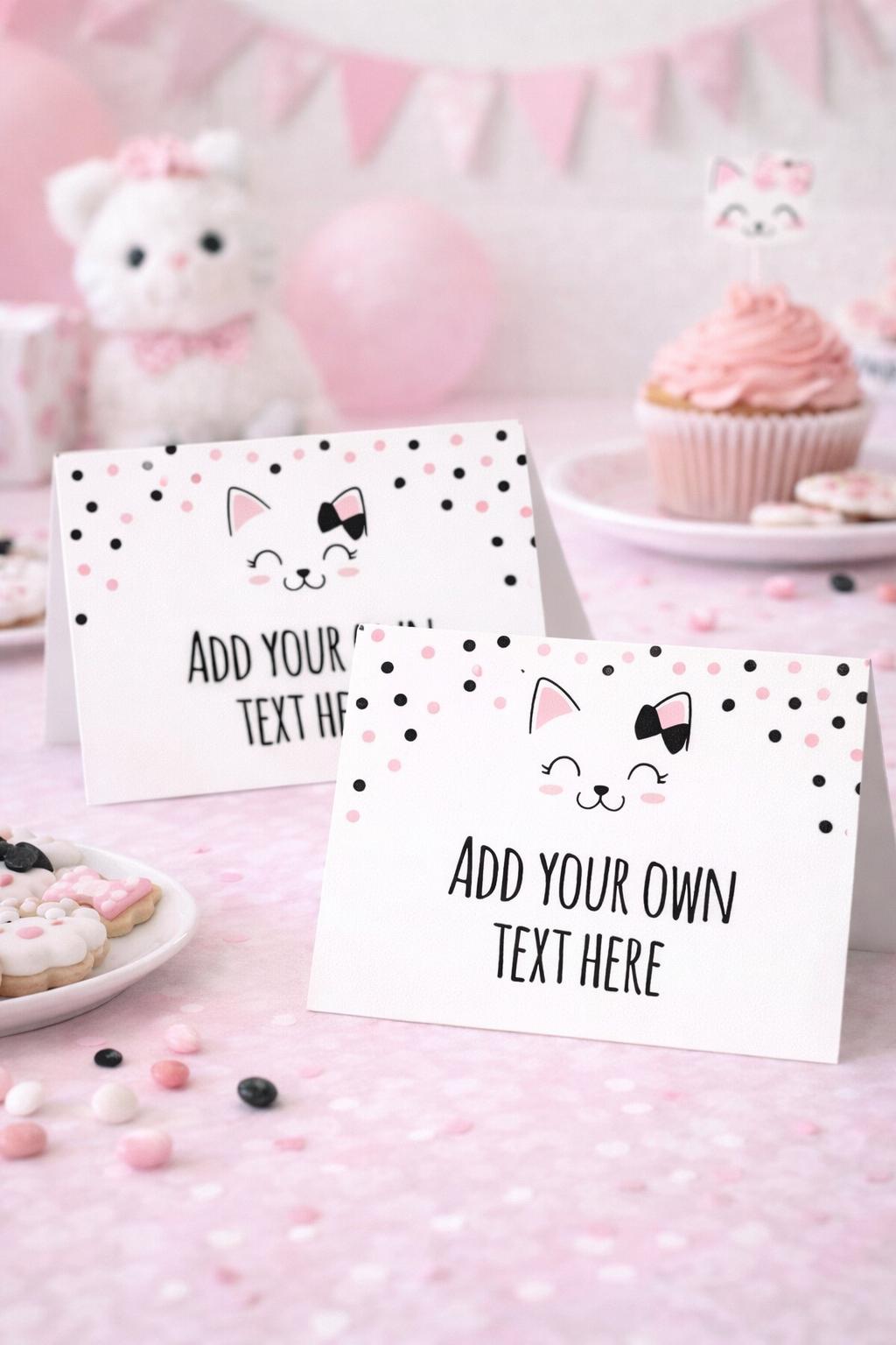 Editable Kitty Cat Food Tents, Birthday Party Place Cards (Digital Download)