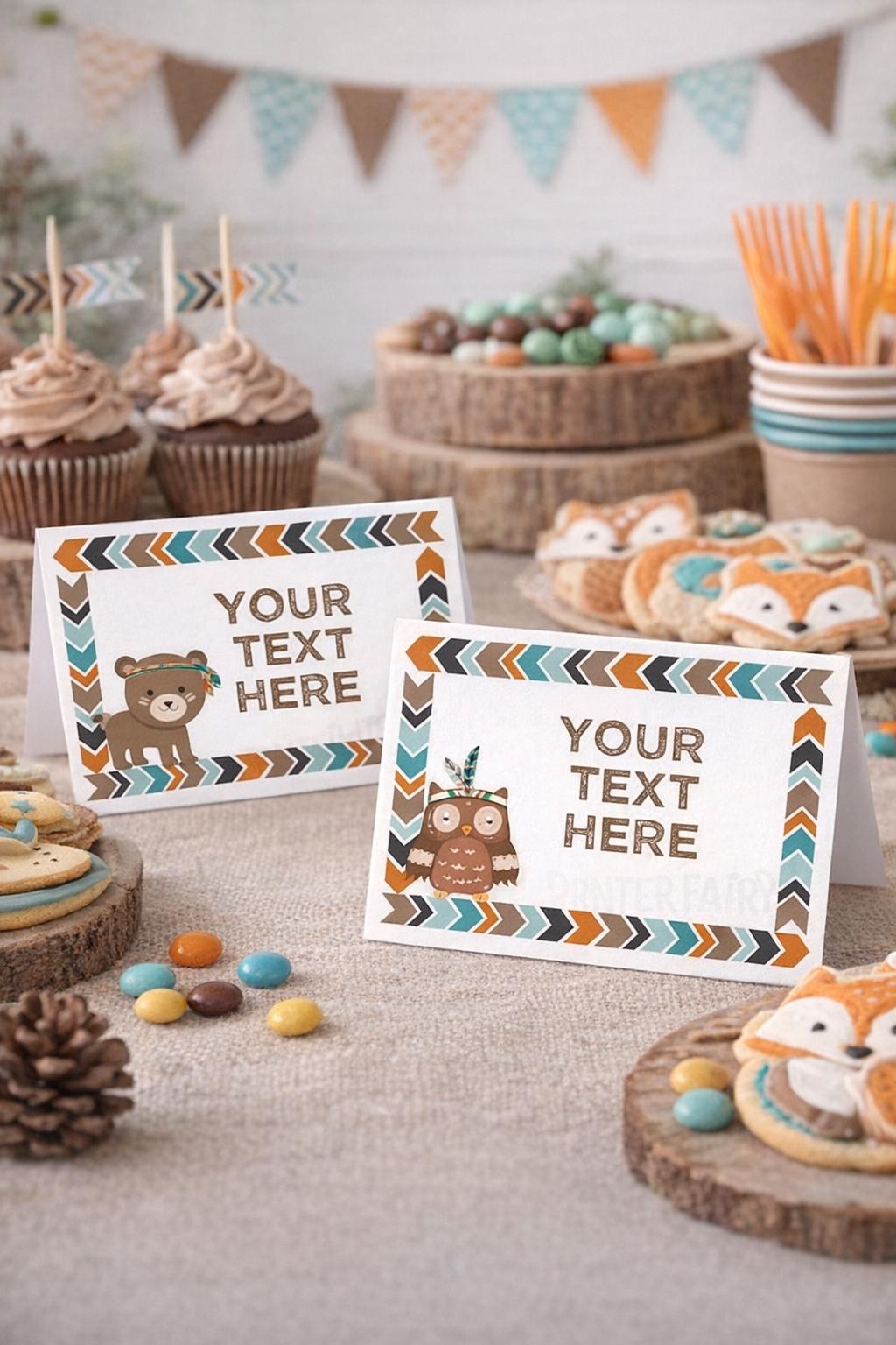 Woodland Tribal Animals Food Tent Cards, Editable Buffet Labels (Digital Download)
