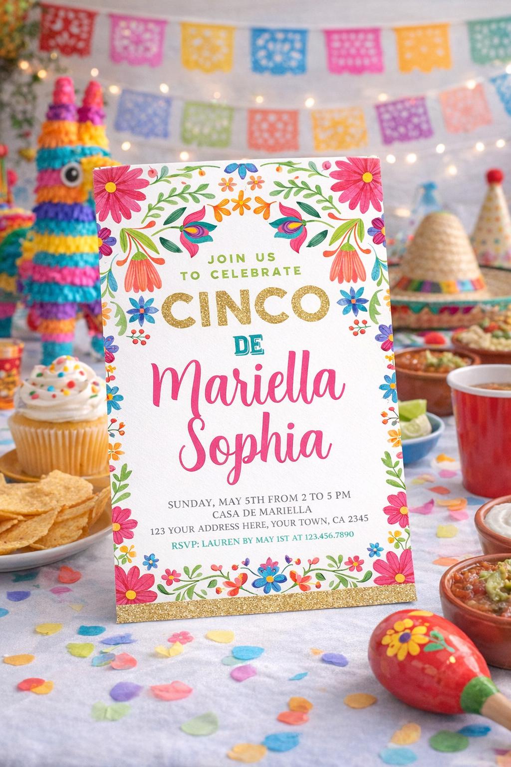 Floral Fiesta Invitation, Cinco de Mayo 5th Birthday, EDITABLE Digital Invite