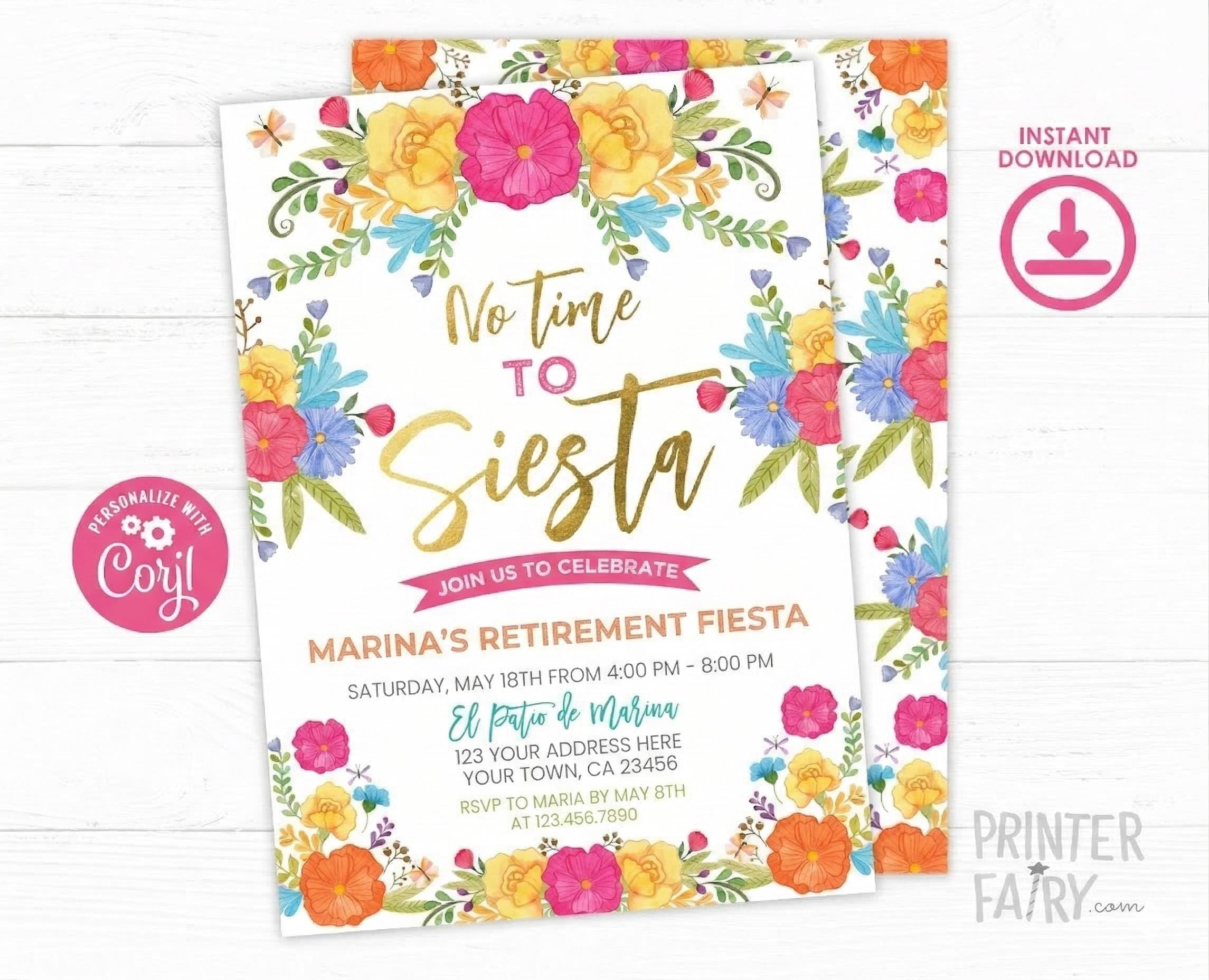 No time to Siesta Retirement Party Invitation EDITABLE Template, Cinco de Mayo INSTANT DOWNLOAD