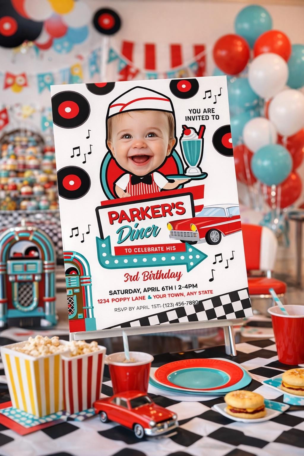 Diner Birthday Invitation with Photo Editable Template for Any Age, INSTANT DOWNLOAD