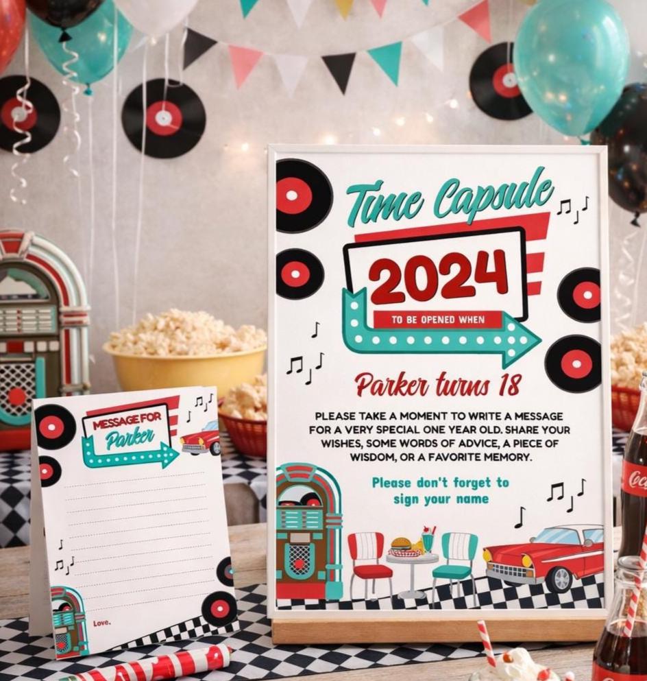 Editable Diner Time Capsule Sign, 1950s Sock Hop Party Game (Digital Download)