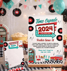 Editable Diner Time Capsule Sign, 1950s Sock Hop Party Game (Digital Download)