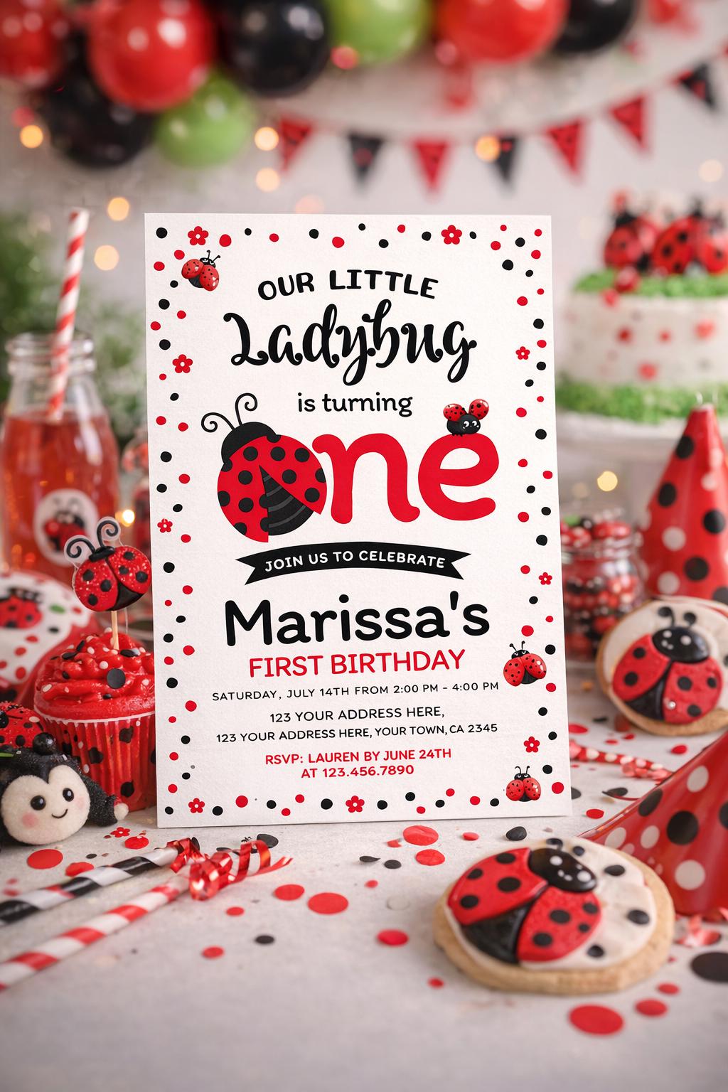 Ladybug First Birthday Invitation, Editable Template (Digital Download)