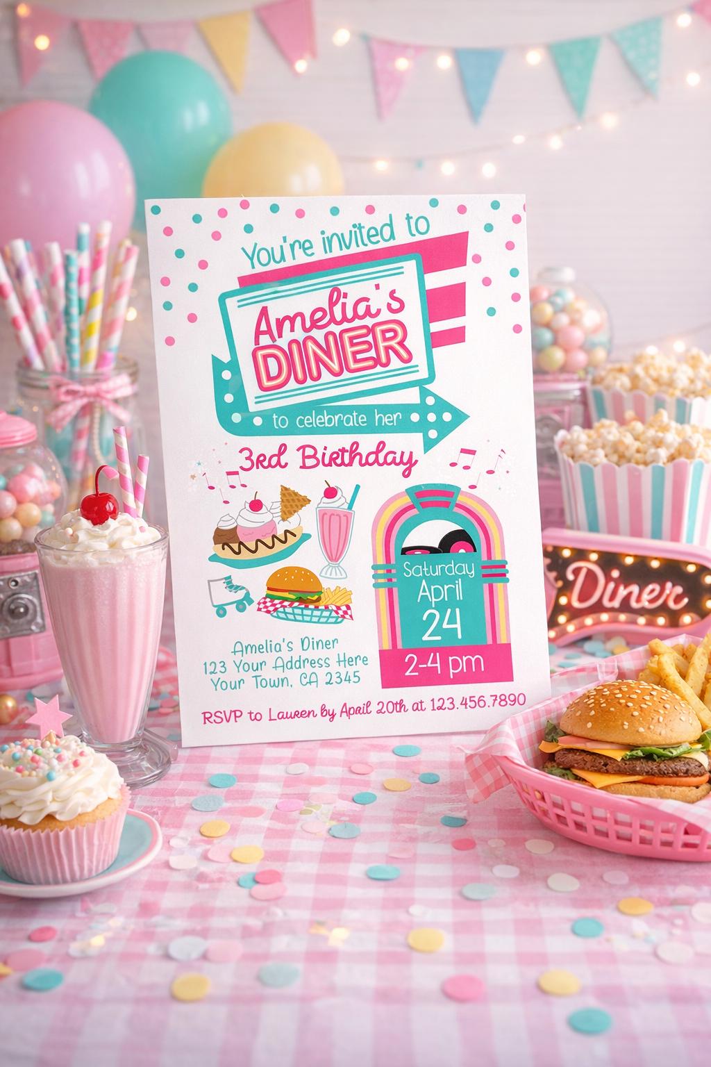 Diner Birthday Invitation Editable Template, INSTANT DOWNLOAD