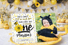 Sunflower Bee Birthday Invitation with photo, Editable Template, INSTANT DOWNLOAD