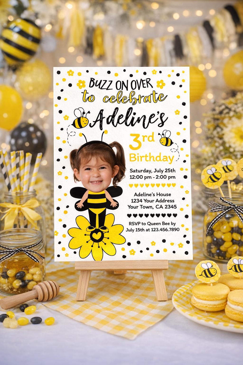Bee Birthday Party Invitation Personalized with your Photo and Details (Digital or Printable)