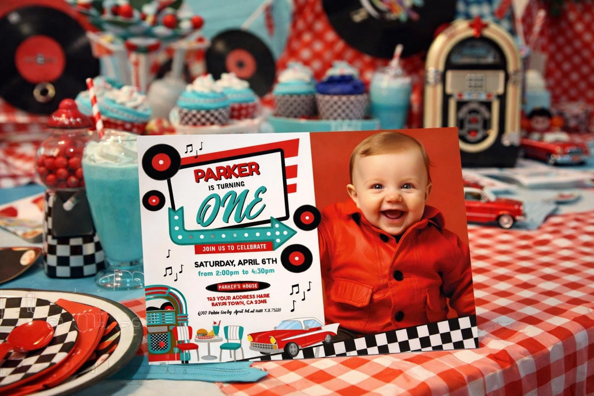 Diner First Birthday Invitation with Photo, Retro 1950's Party (Digital Download)