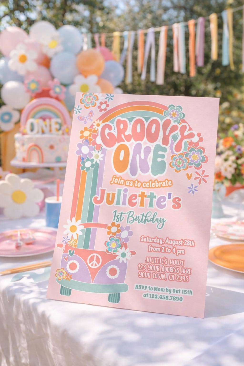 Editable Groovy One Birthday Invitation: 70s Floral Pastel Daisy Template (Digital Download)