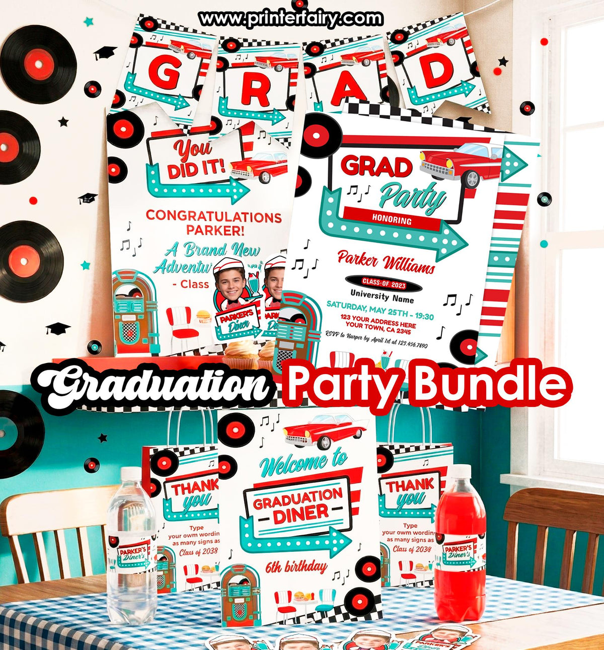 Diner Graduation Party Bundle, Editable Invitation, Signs, Menu (Digital Download)