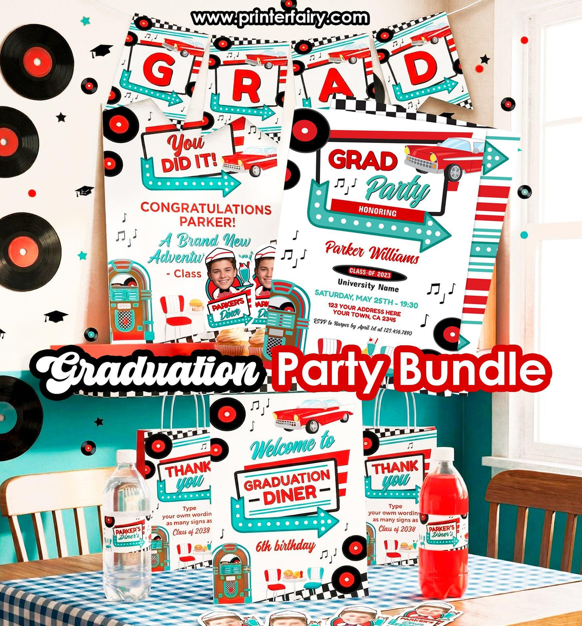 Diner Graduation Party Bundle, Editable Invitation, Signs, Menu (Digital Download)