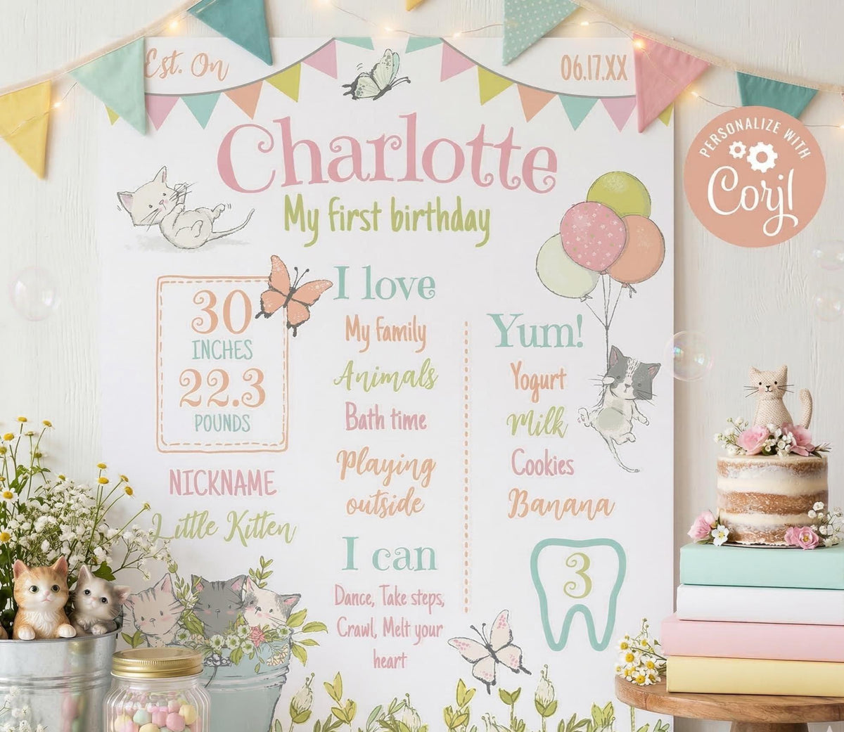 Kitten Garden First Birthday Board, Editable Milestones Sign (Digital Download)