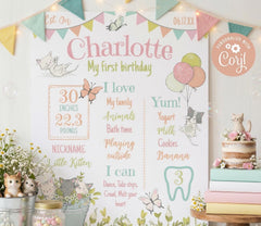 Kitten Garden First Birthday Board, Editable Milestones Sign (Digital Download)