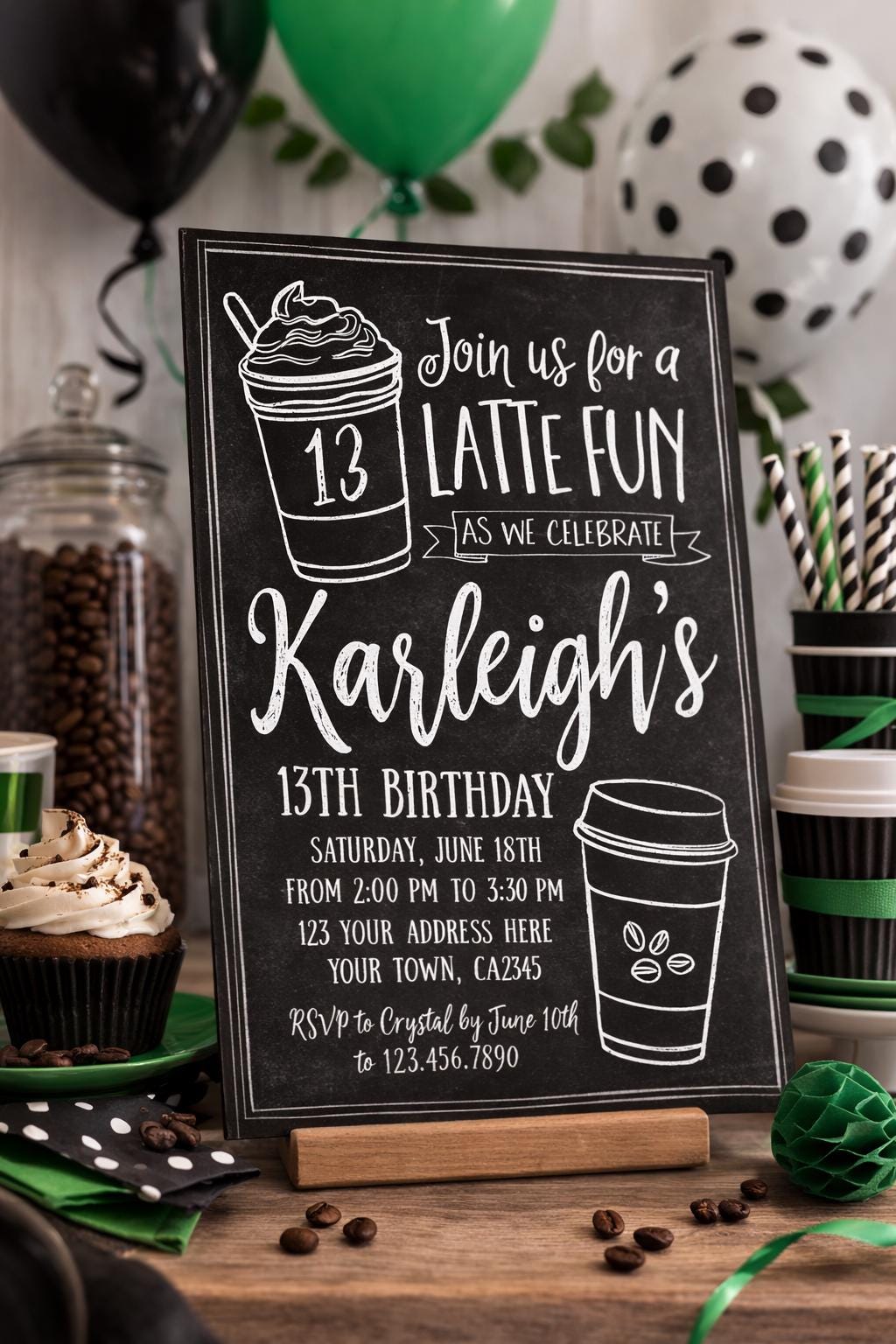 Latte Fun 13th Birthday Invitation, Coffee Party Invite (Digital Download)