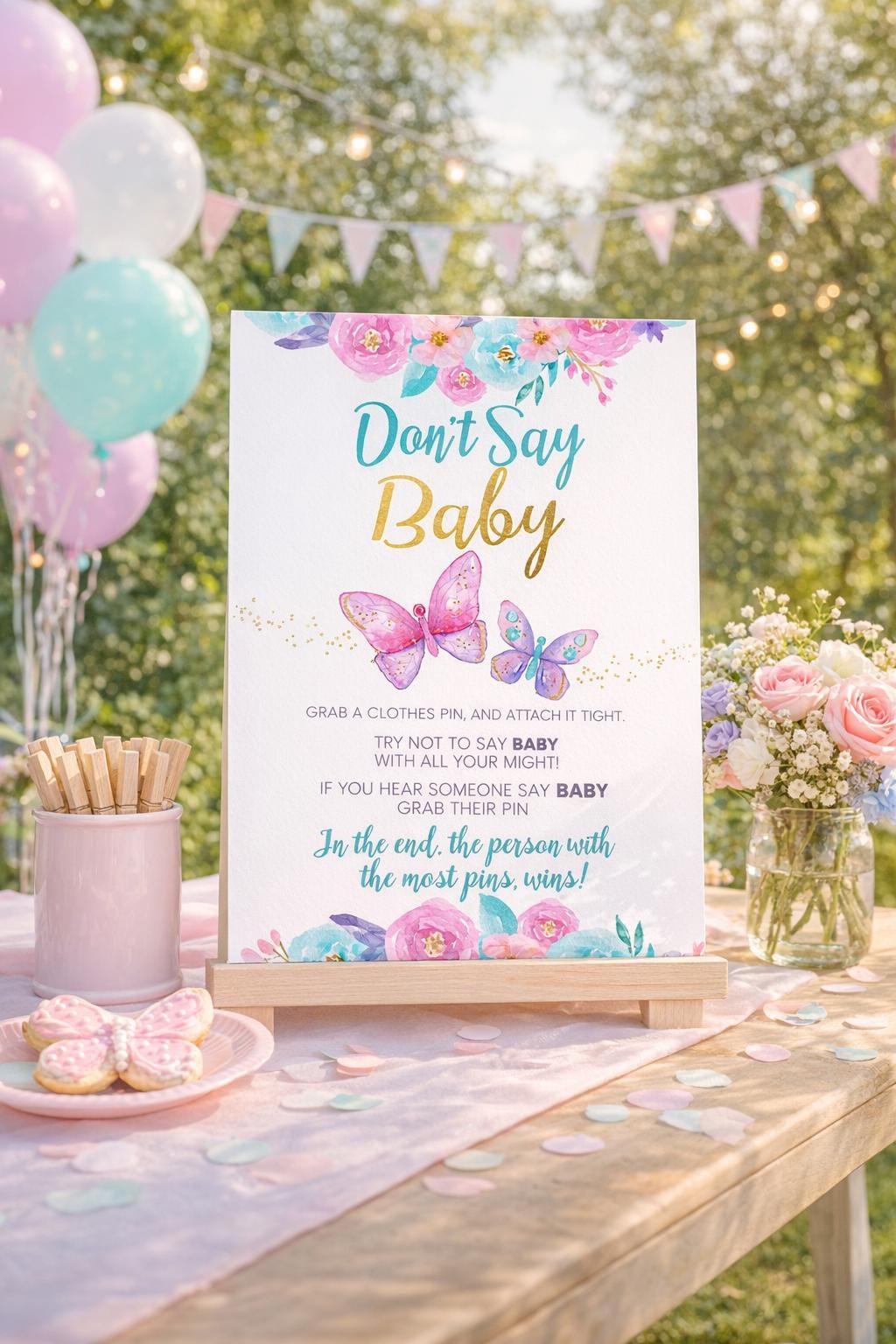Butterflies Baby Shower Games, Don't Say Baby Sign, Girl Printable (Instant Download)