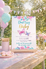 Butterflies Baby Shower Games, Don't Say Baby Sign, Girl Printable (Instant Download)