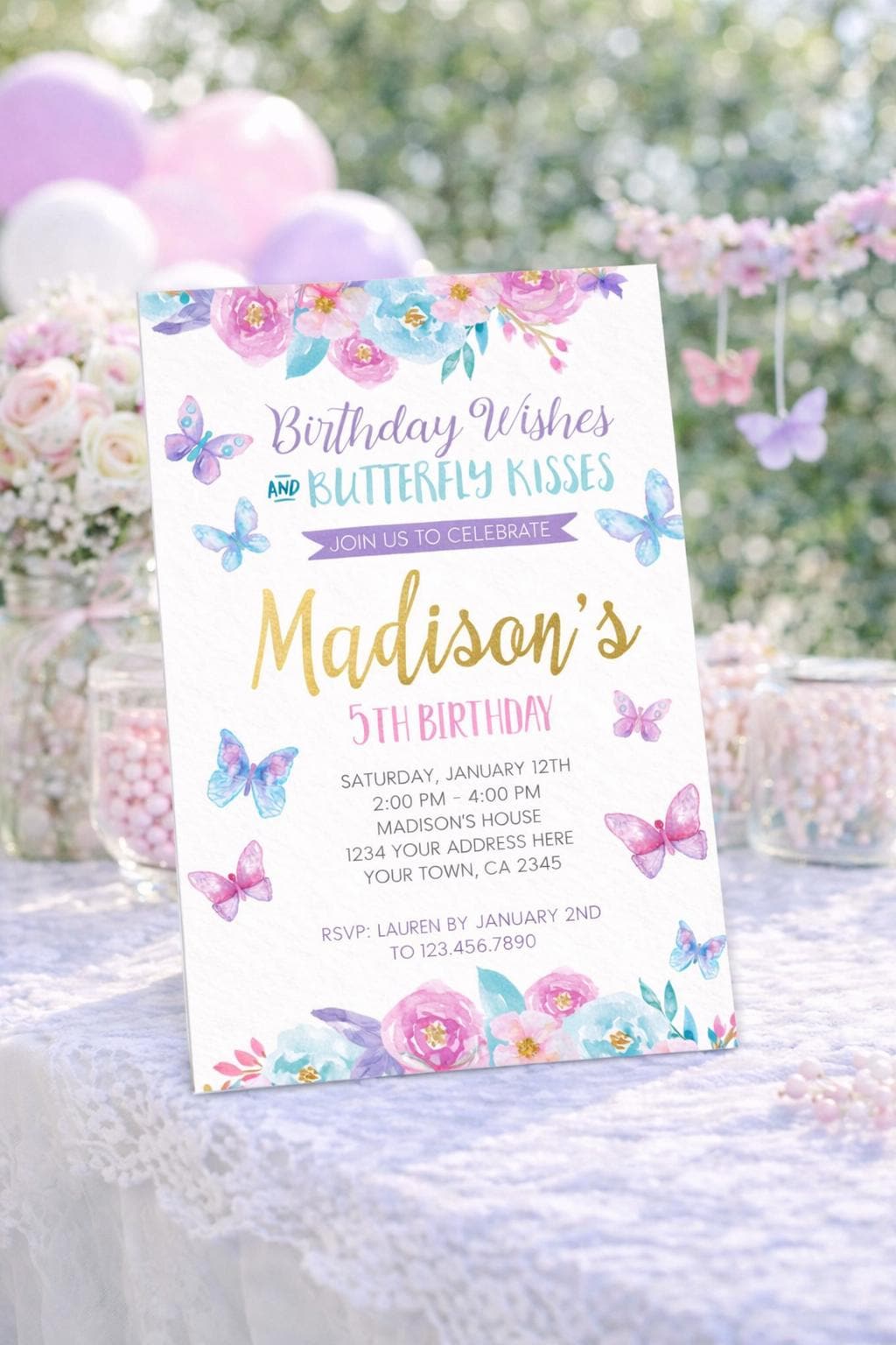 Butterfly Birthday Invitation Editable Template, Spring Garden Party INSTANT DOWNLOAD
