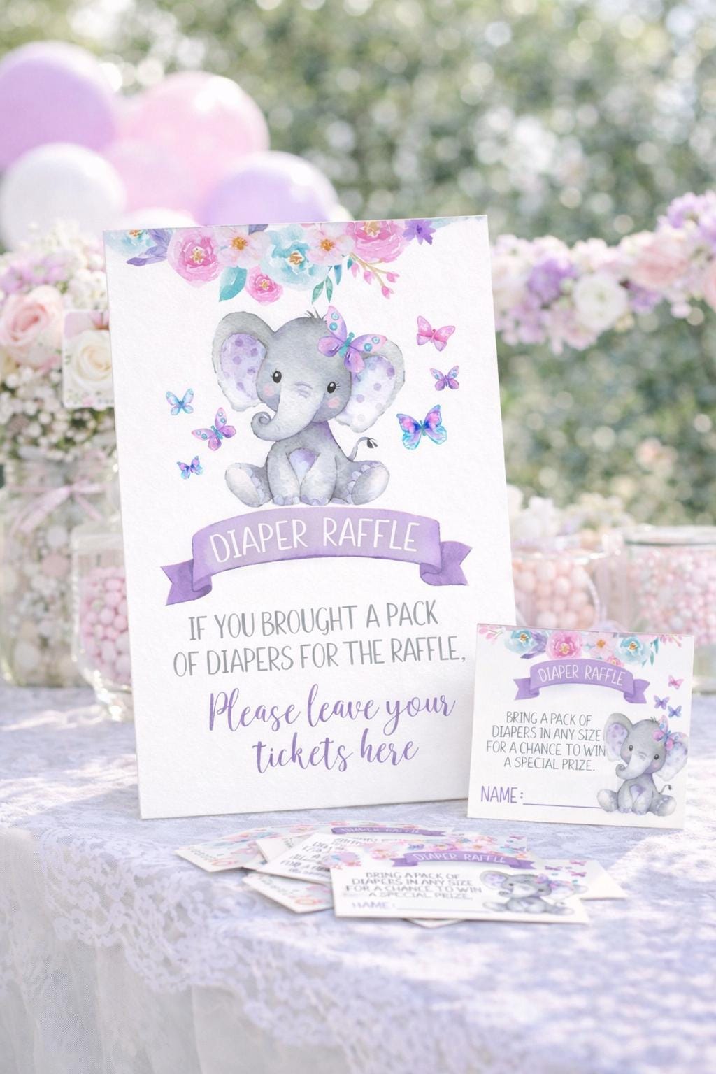 Elephant Diaper Raffle Inserts and Sign Instant Download, Girl Baby Shower Activities, First Birthday