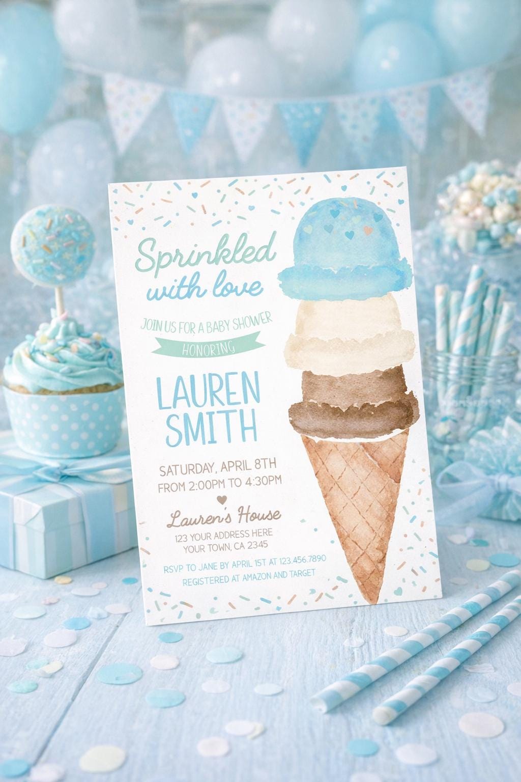 Ice Cream Baby Shower Invitation, Sprinkled with Love Boy, Editable Template (Digital Download)