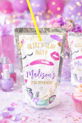 Spa Party Drink Pouch Labels, Glitz Glam Birthday Favors (Digital Download)
