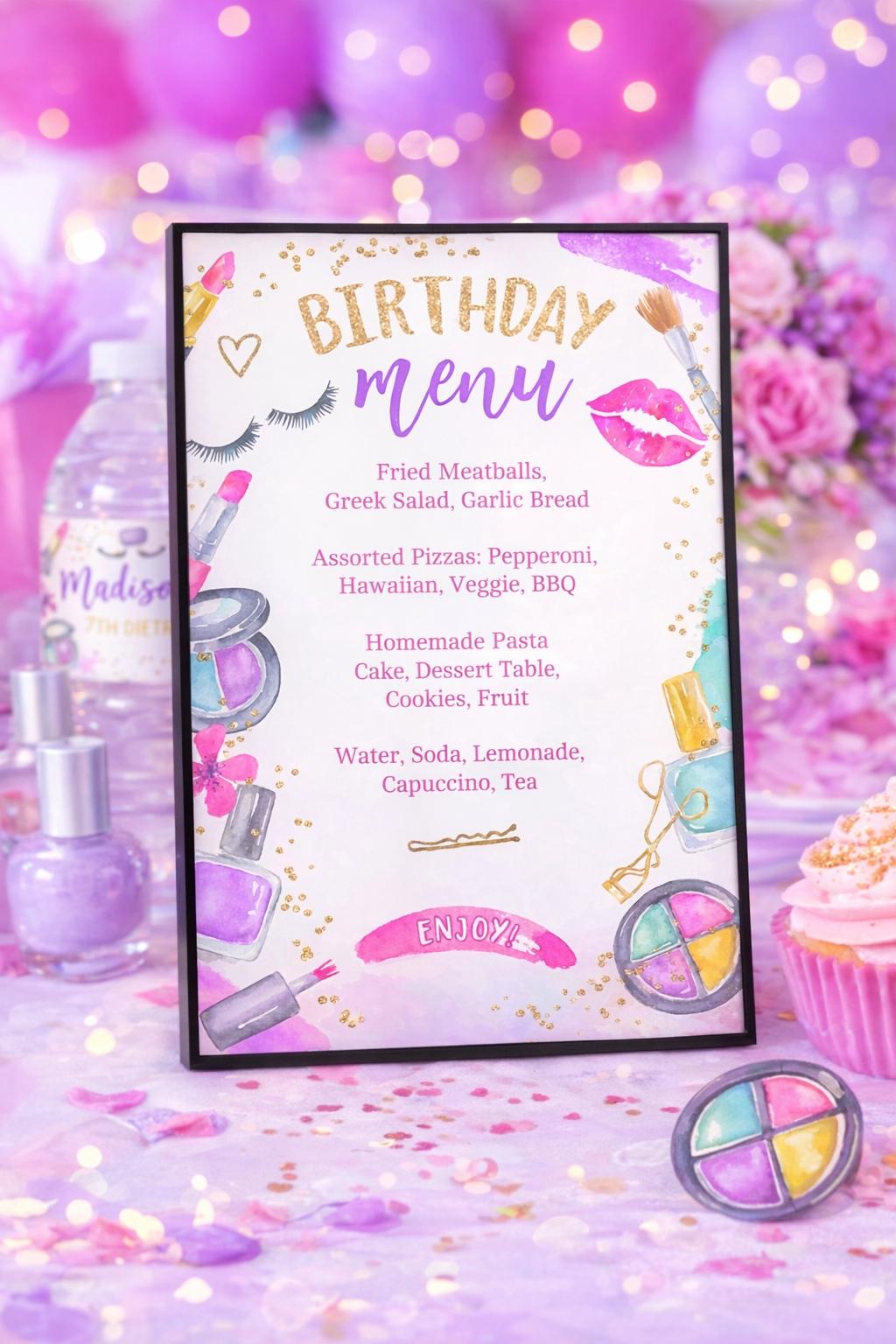 Spa Birthday Menu, Glitz Glam Party Food Sign (Digital Download)