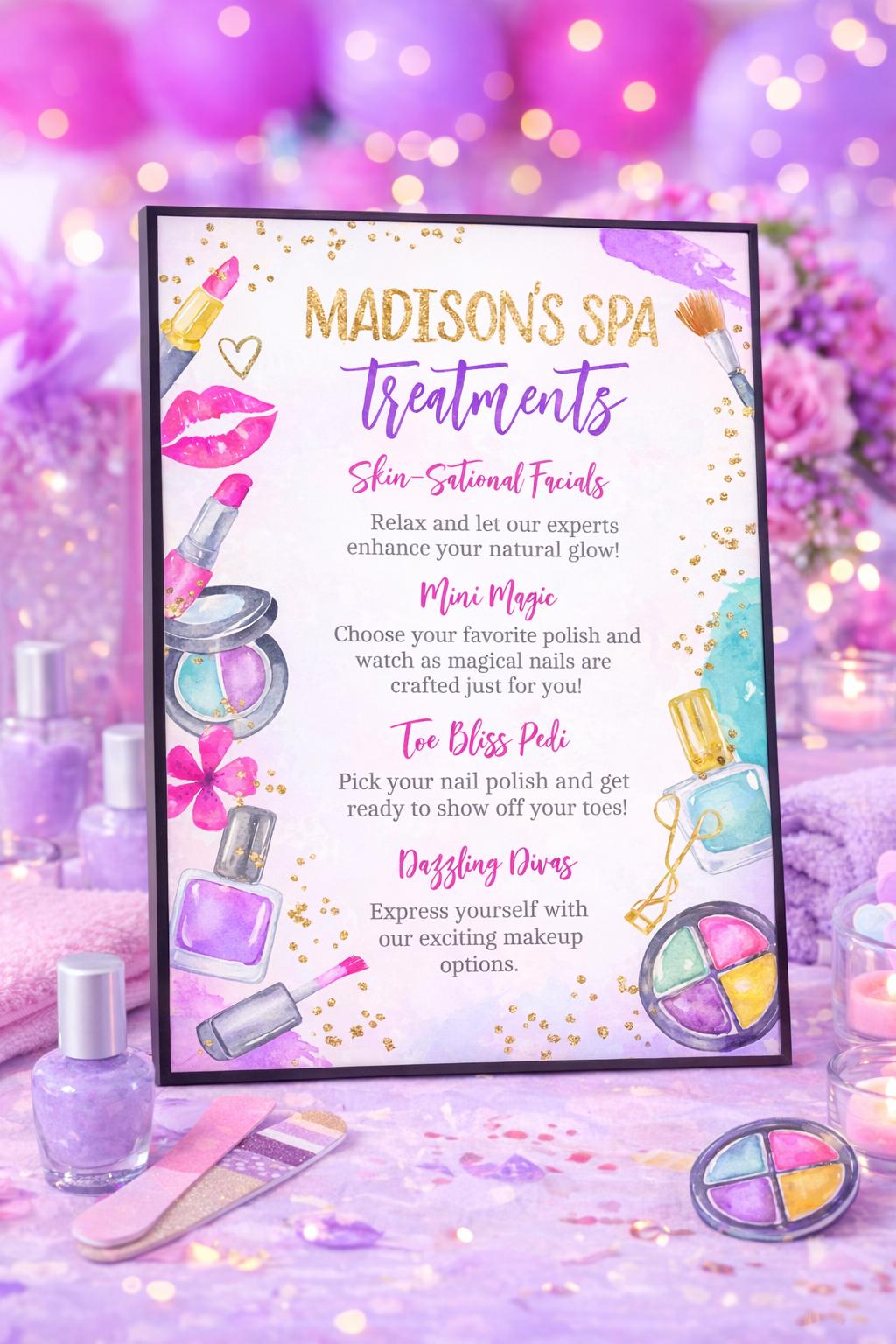 Editable Spa Party Treatments Sign, Glitz Glam Birthday Activities (Digital Download)