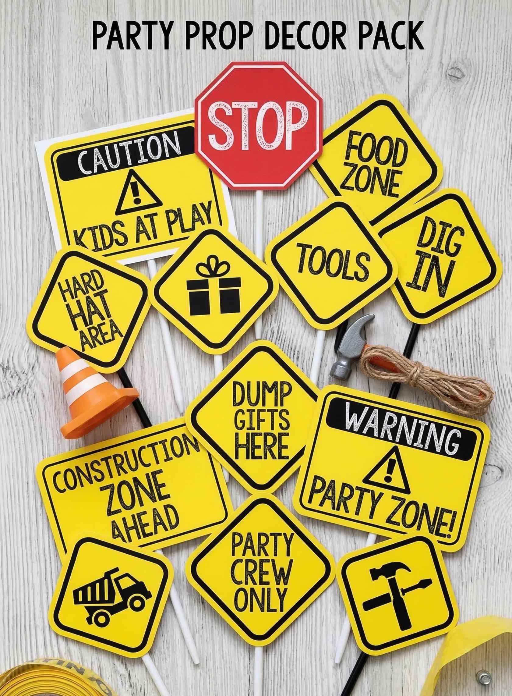 Construction Birthday Party Props, Set of 9 signs (Digital Download)