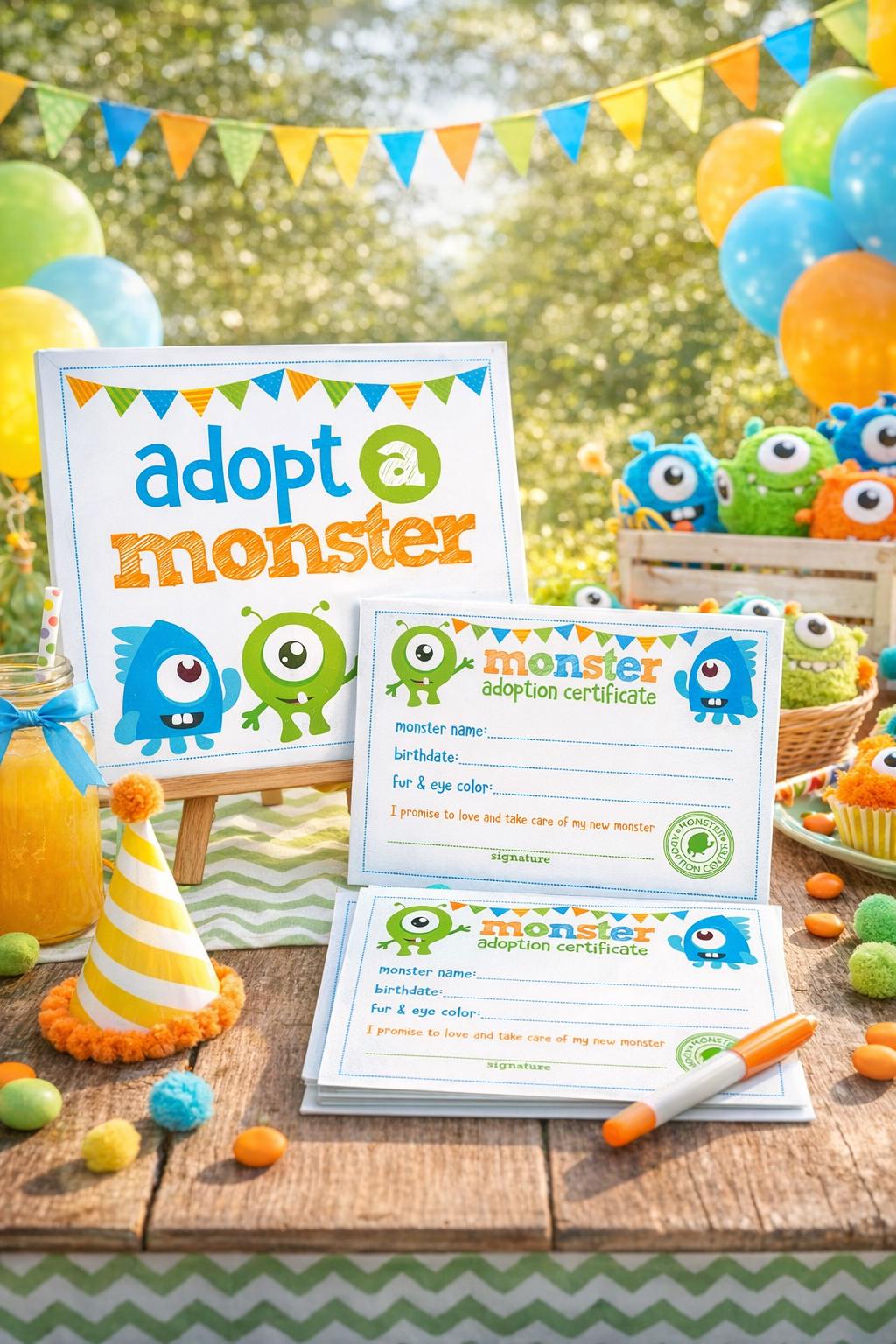 Little Monster Party Adoption Sign & Certificate Ready to Print, INSTANT DOWNLOAD