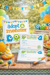 Little Monster Party Adoption Sign & Certificate Ready to Print, INSTANT DOWNLOAD