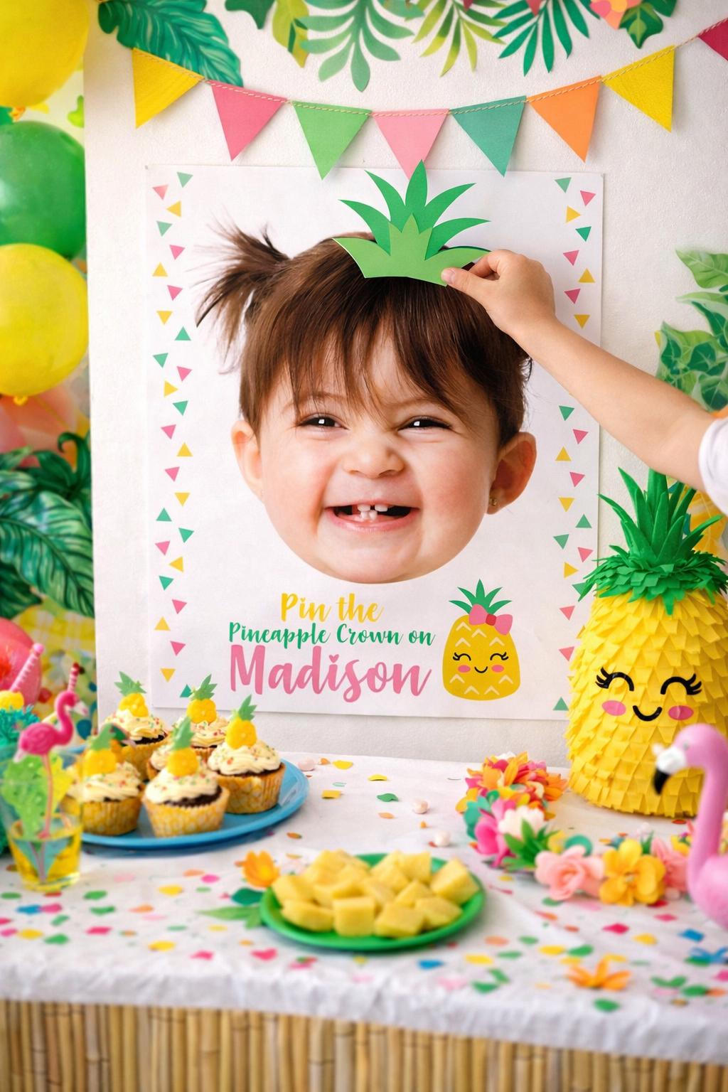 Pineapple Birthday Pin the Crown Game Personalized with your Photo, Luau Party (Digital Printable)