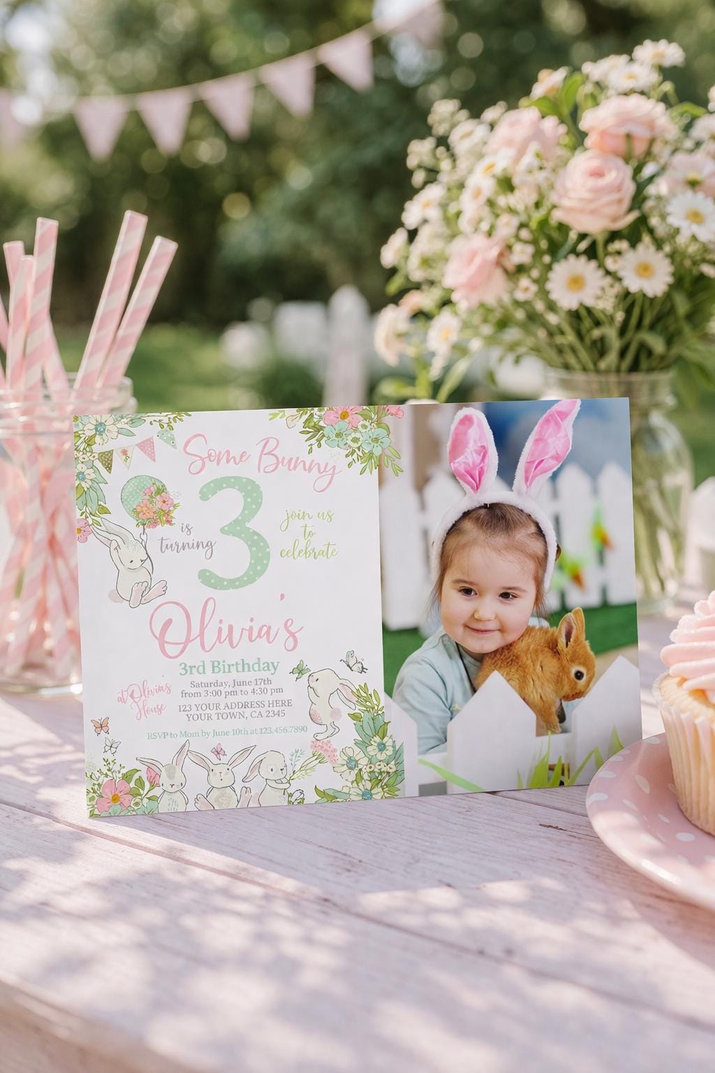 Bunny Editable Invitation with Photo Editable Template for Any Age, INSTANT DOWNLOAD