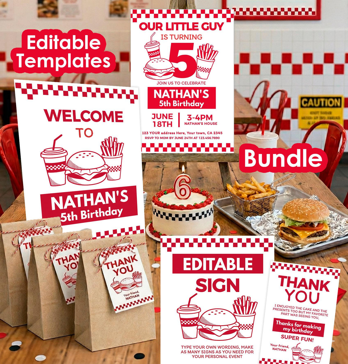Burger Party Bundle Editable Templates (Digital Download)