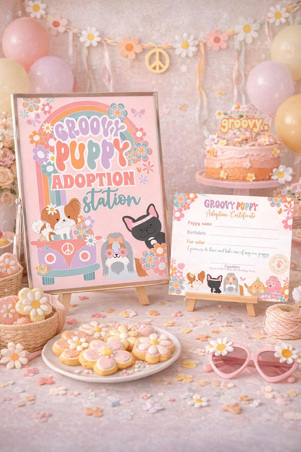 Groovy Puppy Adoption Station Sign and Certificate (Digital Download)