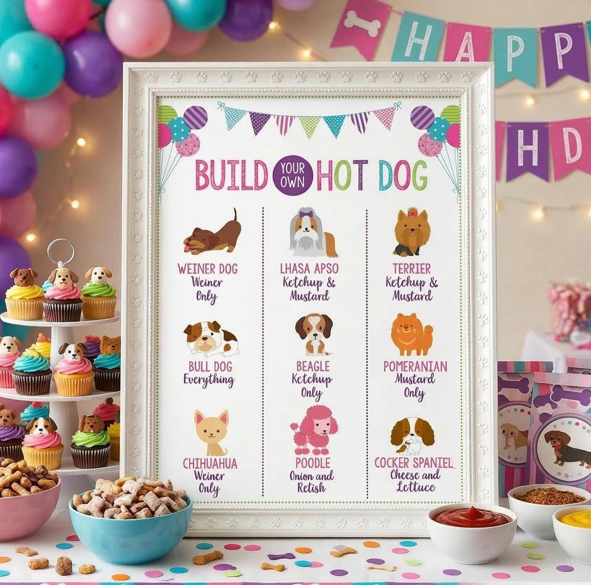Build Your Own Hot Dog Bar Sign, Puppy Birthday Party Decor (Digital Download)
