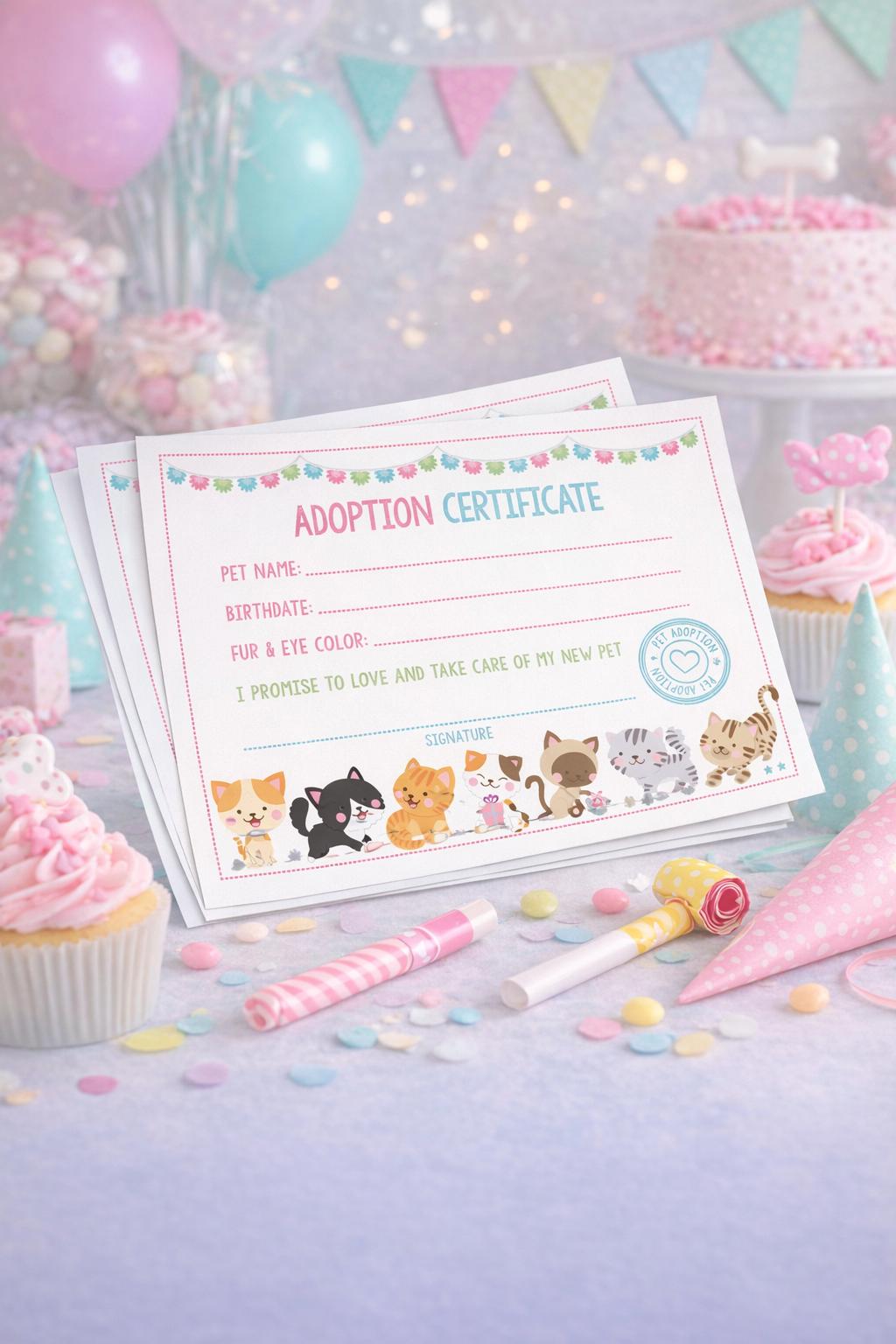 Cat Adoption Certificate, Pet Birthday Party (Instant Download)