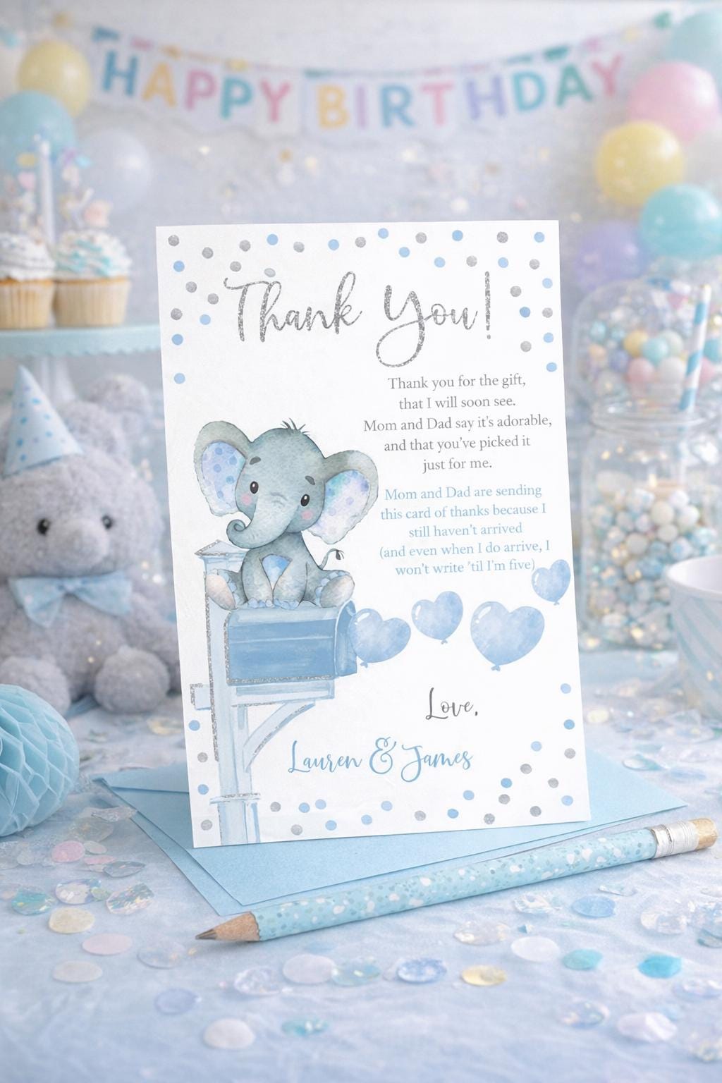 Editable Elephant Baby Shower Thank You Cards (Digital Download)