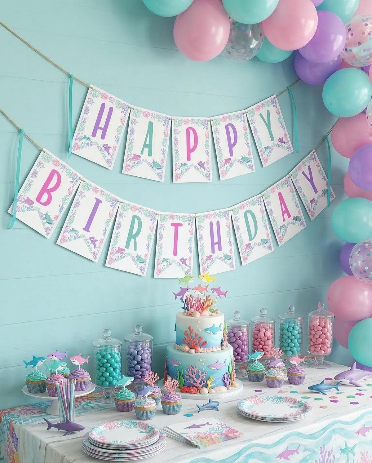 Shark Birthday Banner, Under the Sea Party Decorations (Editable Download)