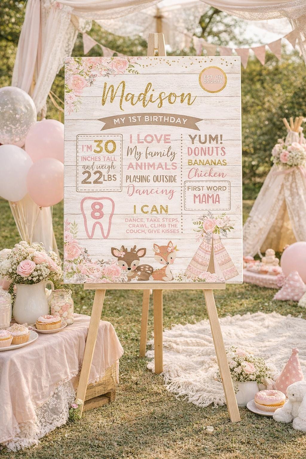 Tribal Woodland Birthday Board, Wild One Girl Party Sign (Digital Download)