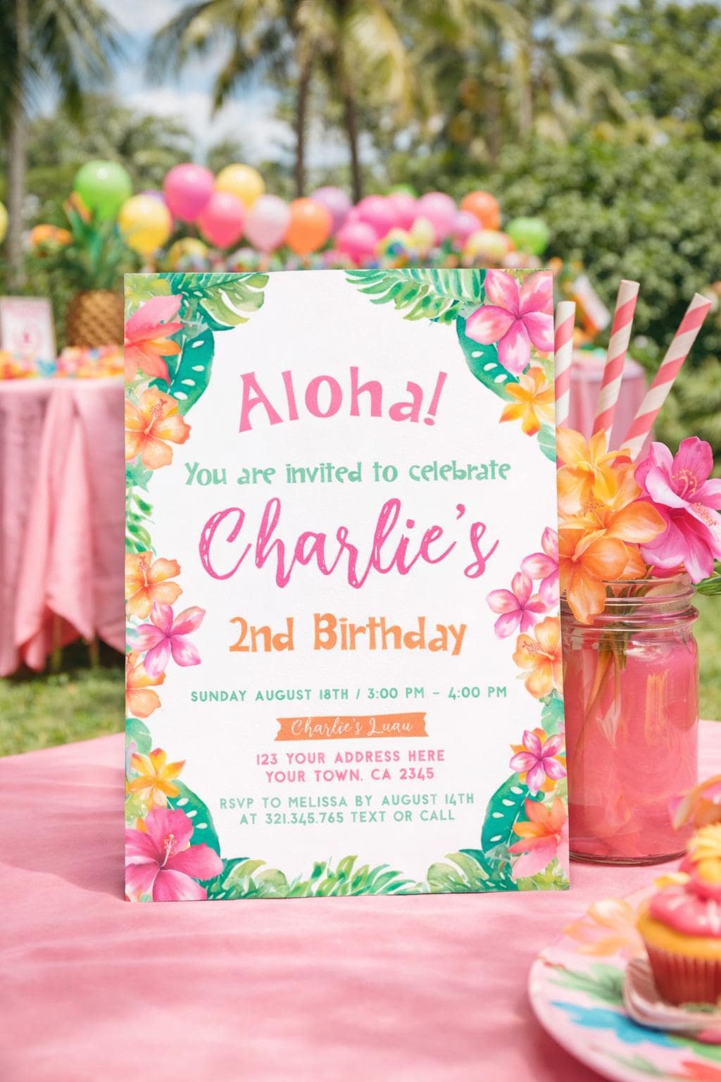 Luau Birthday Invitation Editable Template for Any Age, Hawaiian Party Tropical Invite, INSTANT DOWNLOAD