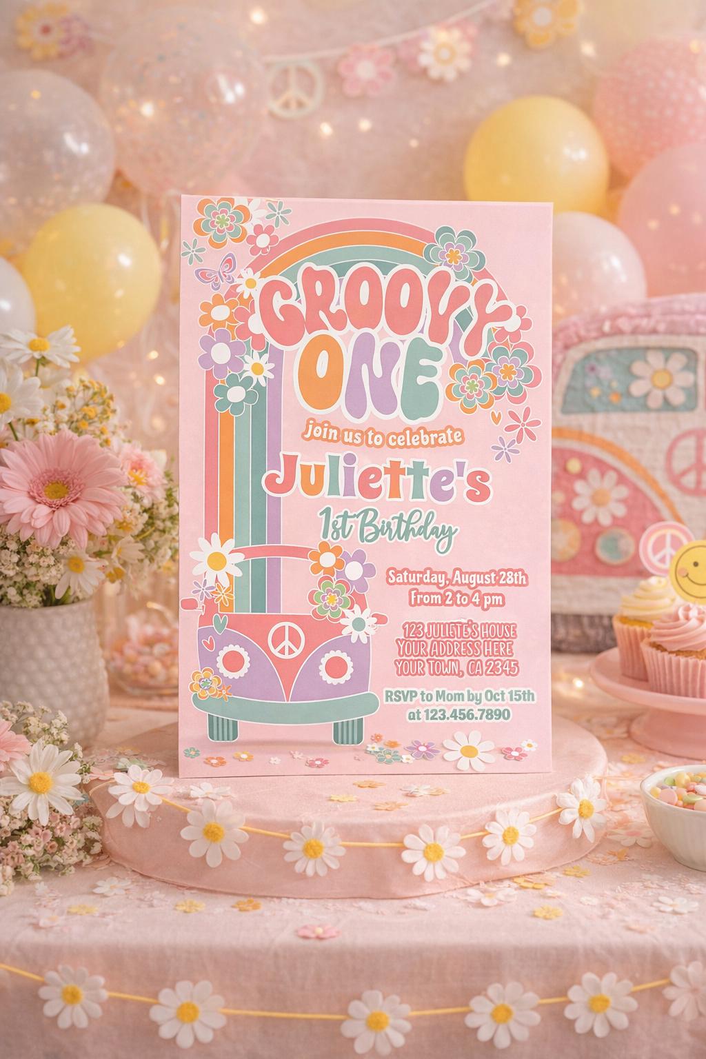 Editable Groovy One Birthday Invitation: 70s Floral Pastel Daisy Template (Digital Download)