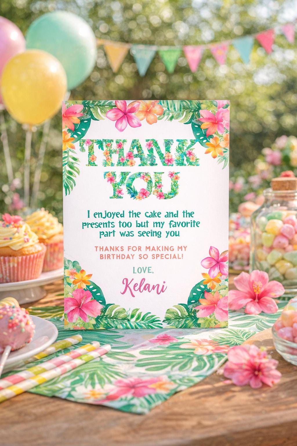 Luau Thank You Cards Editable Template, Hawaiian Party Printables, INSTANT DOWNLOAD