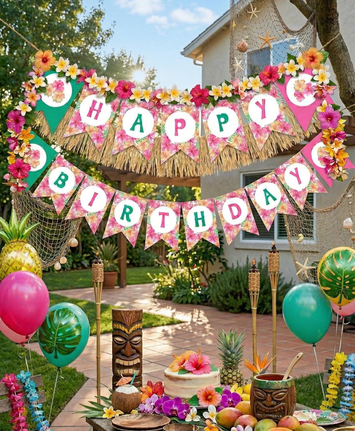 Hawaiian Luau Birthday Banner, Editable Tropical Party Decor (Digital Download)