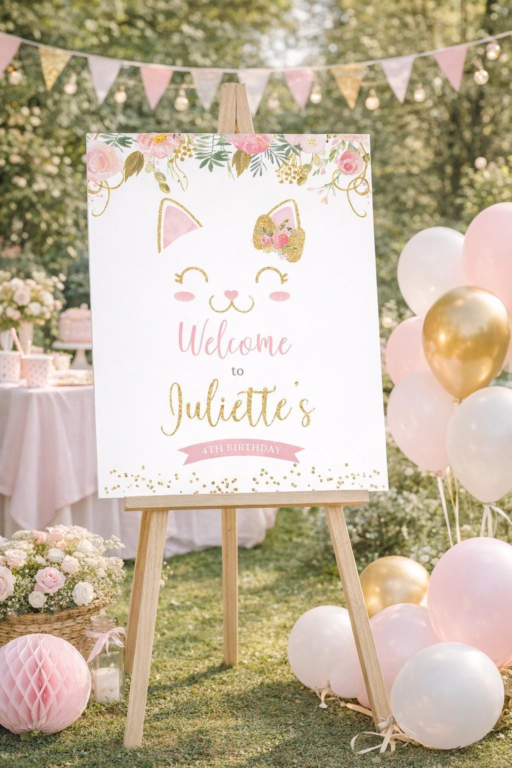 Floral Kitty Welcome Sign, Editable Birthday Party Decor (Instant Download)