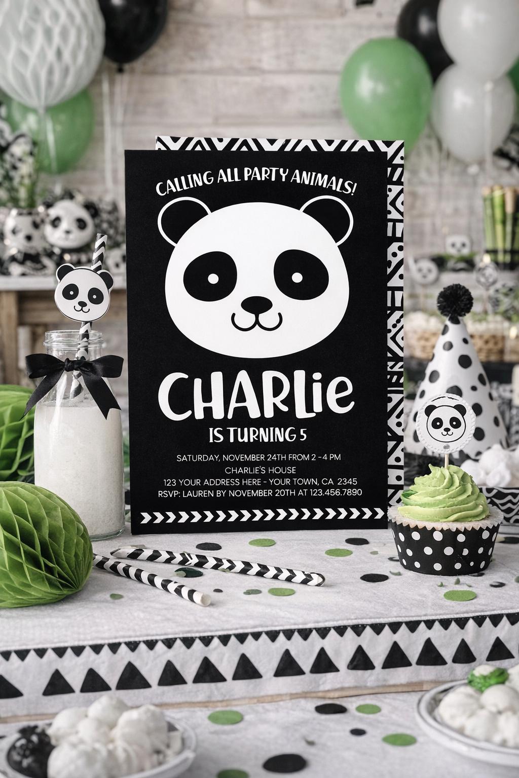 Panda Birthday Invitation, Modern Black White, Any Age (Digital Download)