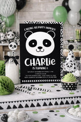 Panda Birthday Invitation, Modern Black White, Any Age (Digital Download)