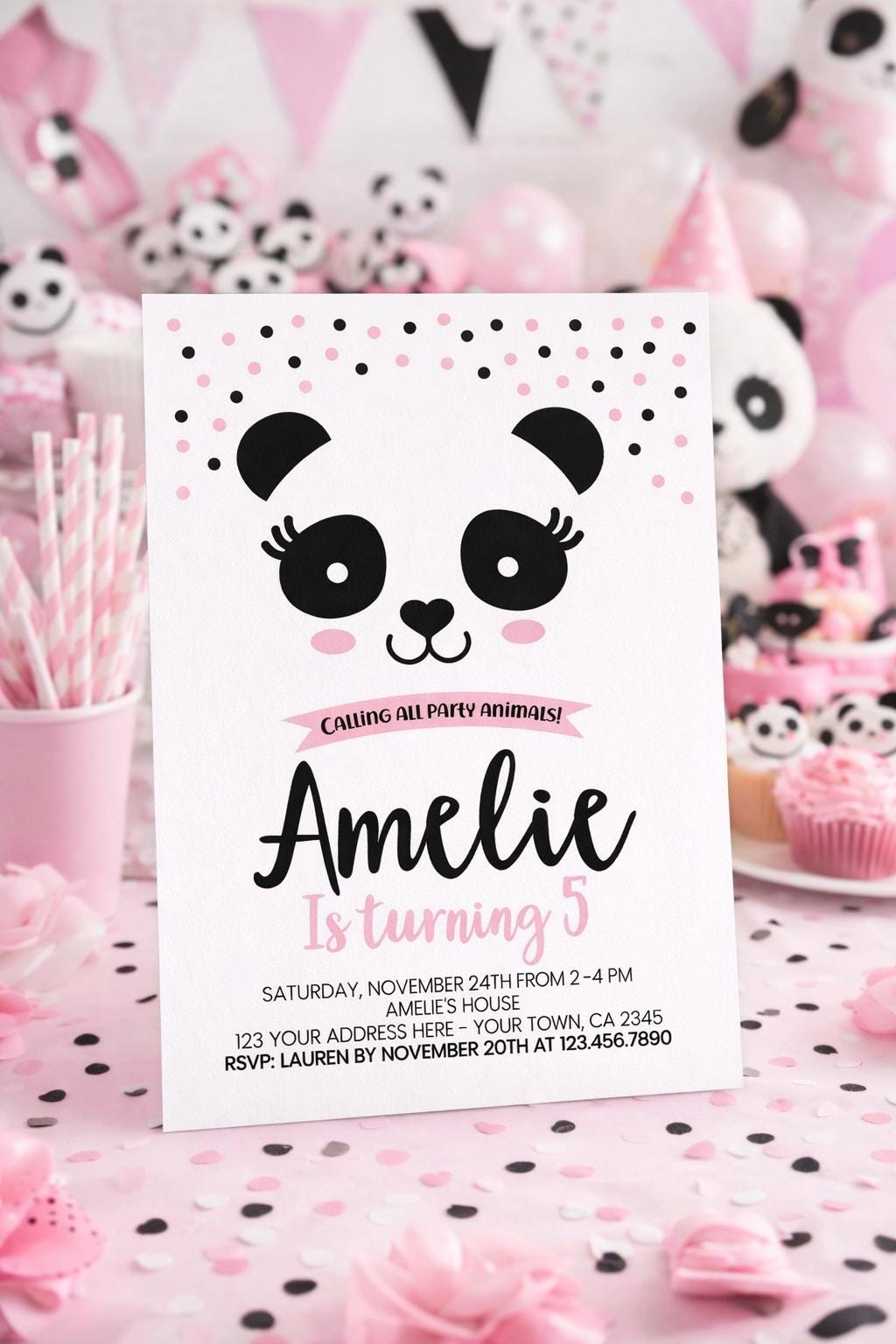 Panda Birthday Invitation Editable Template, Pink and Black, INSTANT DOWNLOAD