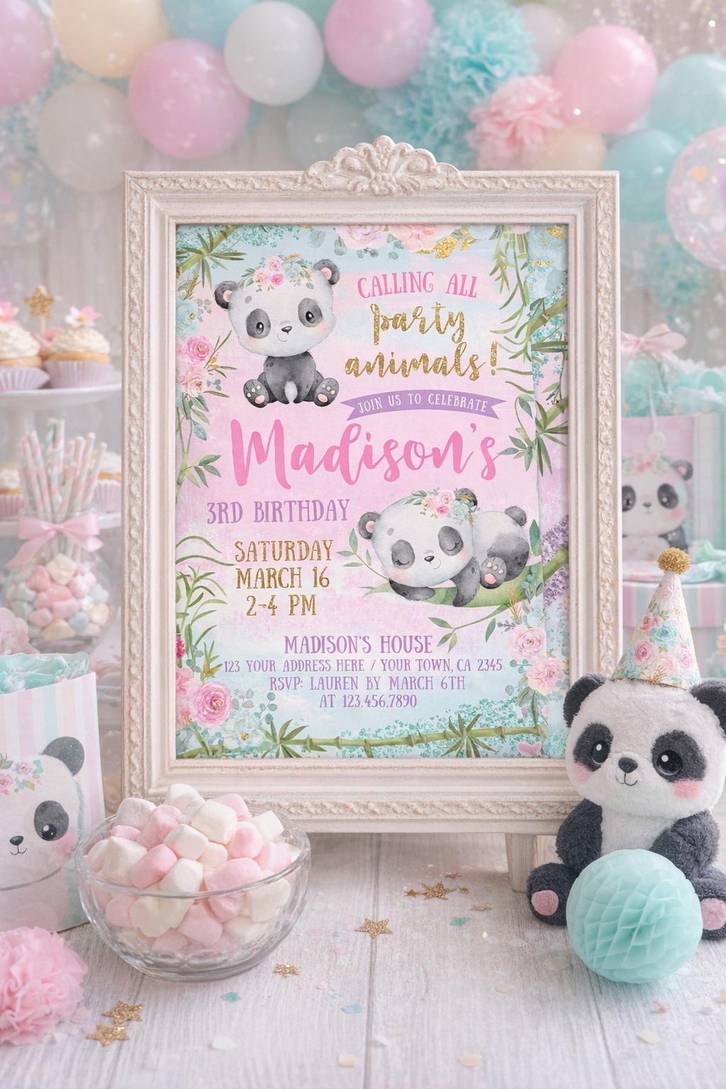 Panda Girl Birthday Invitation Editable Template for any age and any wording, INSTANT DOWNLOAD