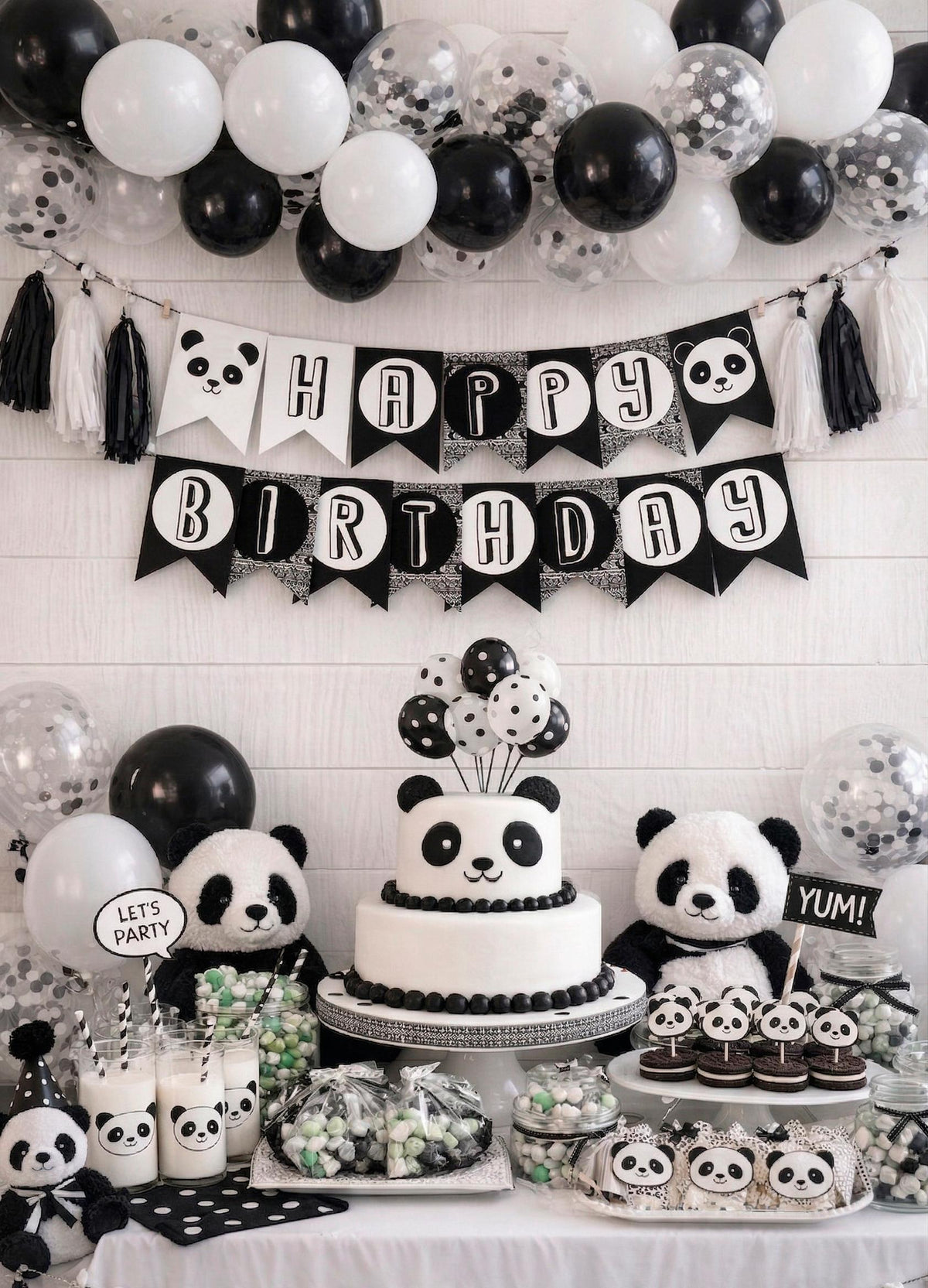 Panda Happy Birthday Banner, Black and White Party Decor, INSTANT DOWNLOAD and print