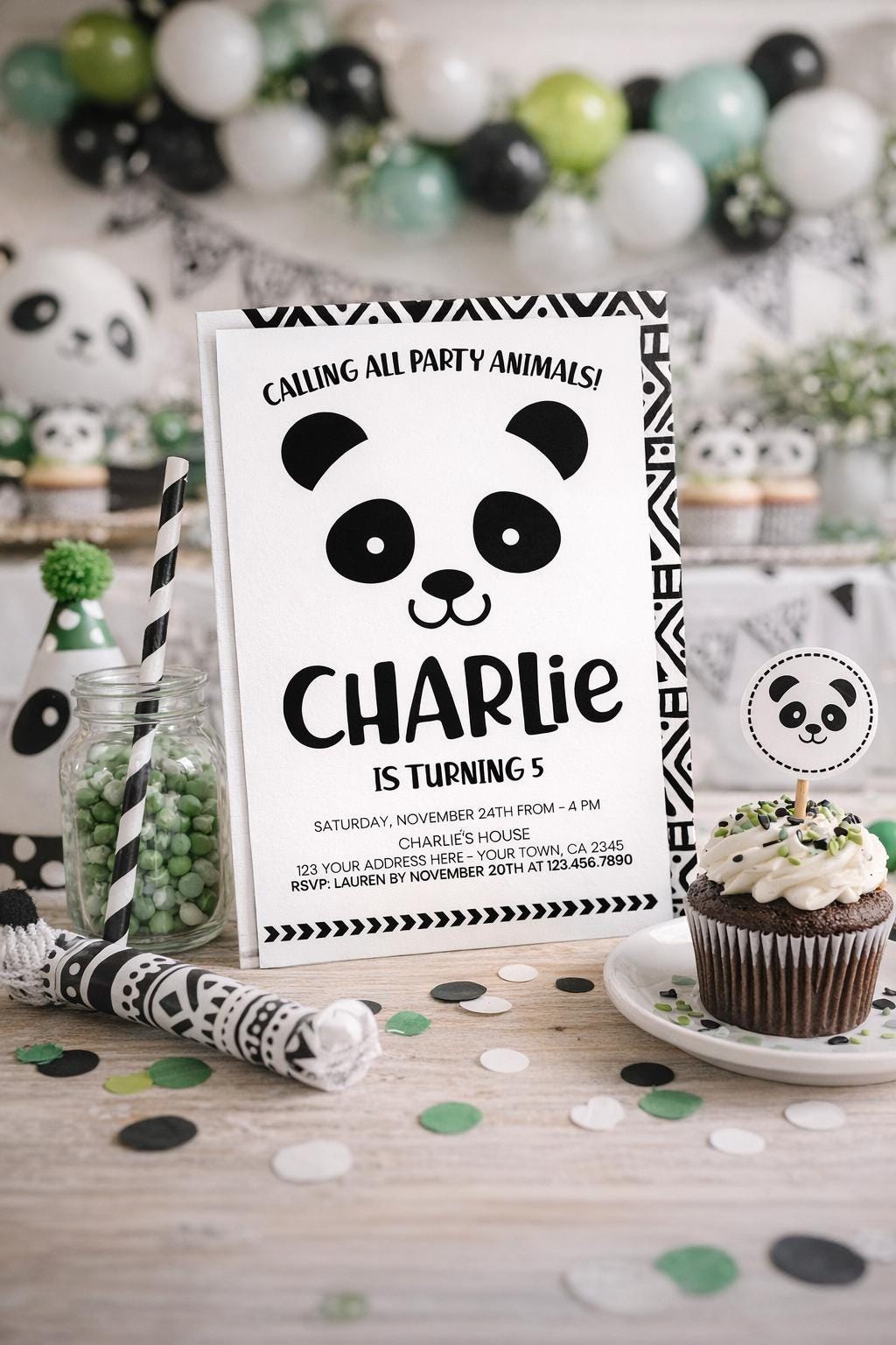 Panda Birthday Party Invitation Editable Template, Any age and wording, Instant Download