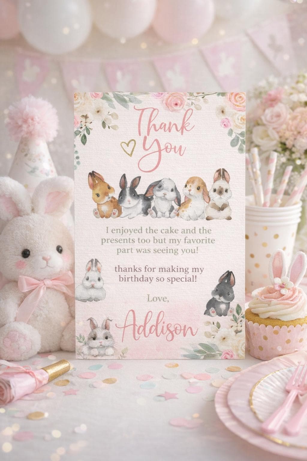 Bunny Thank You Card, Floral Watercolor Design, Editable Template (Digital Download)